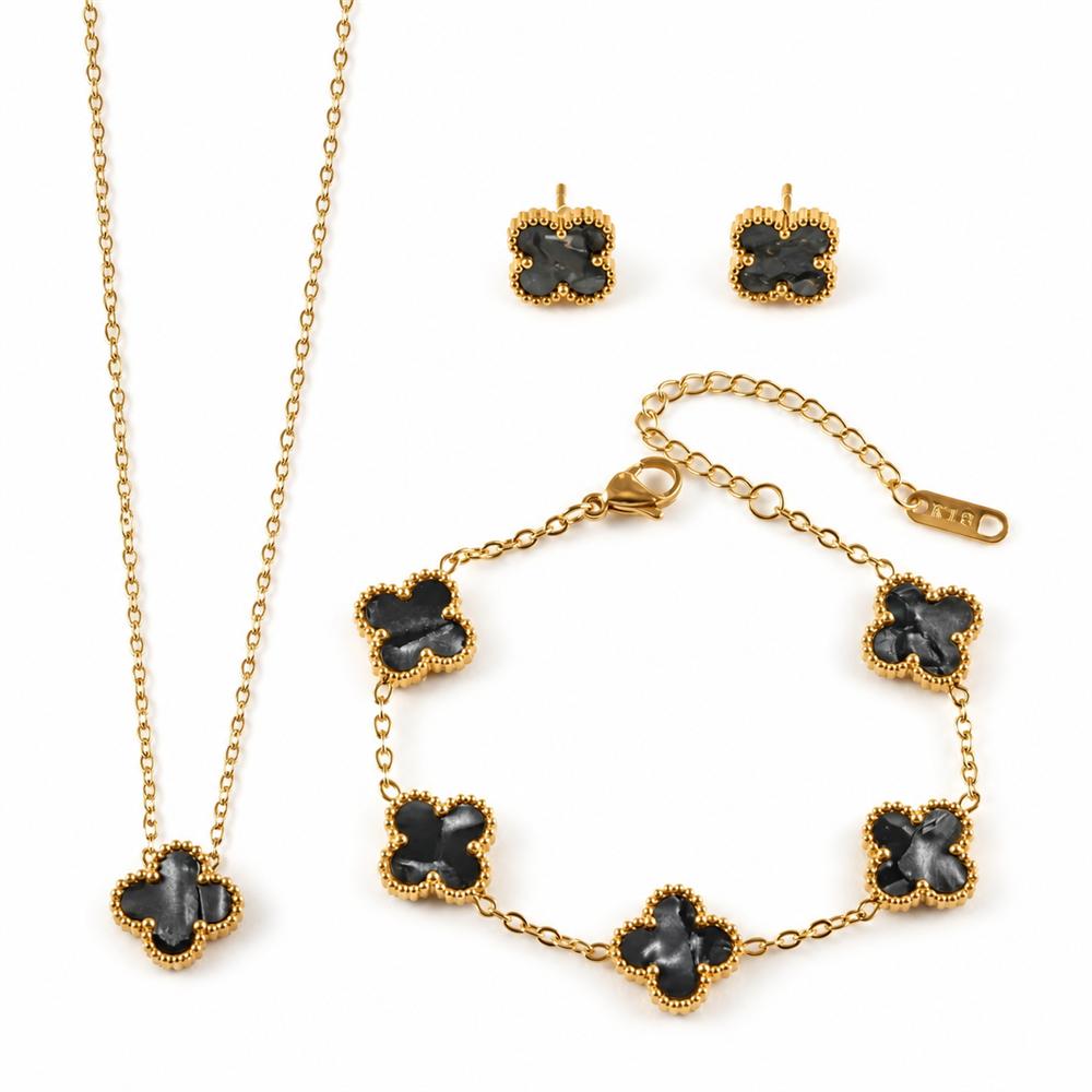 18K Gold-plated 13mm Four Leaf Clover Stainless Steel Jewelry Set Necklace Bracelet Earrings 3-Piece Set for Women Party Trendy