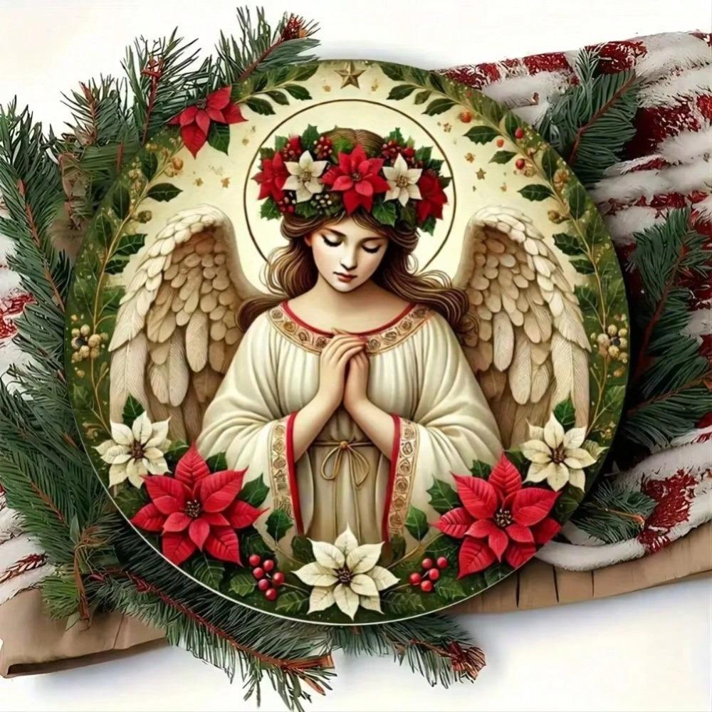 Praying Angel Round Aluminum Wall Art with Floral Wreath Bunny Home Decor