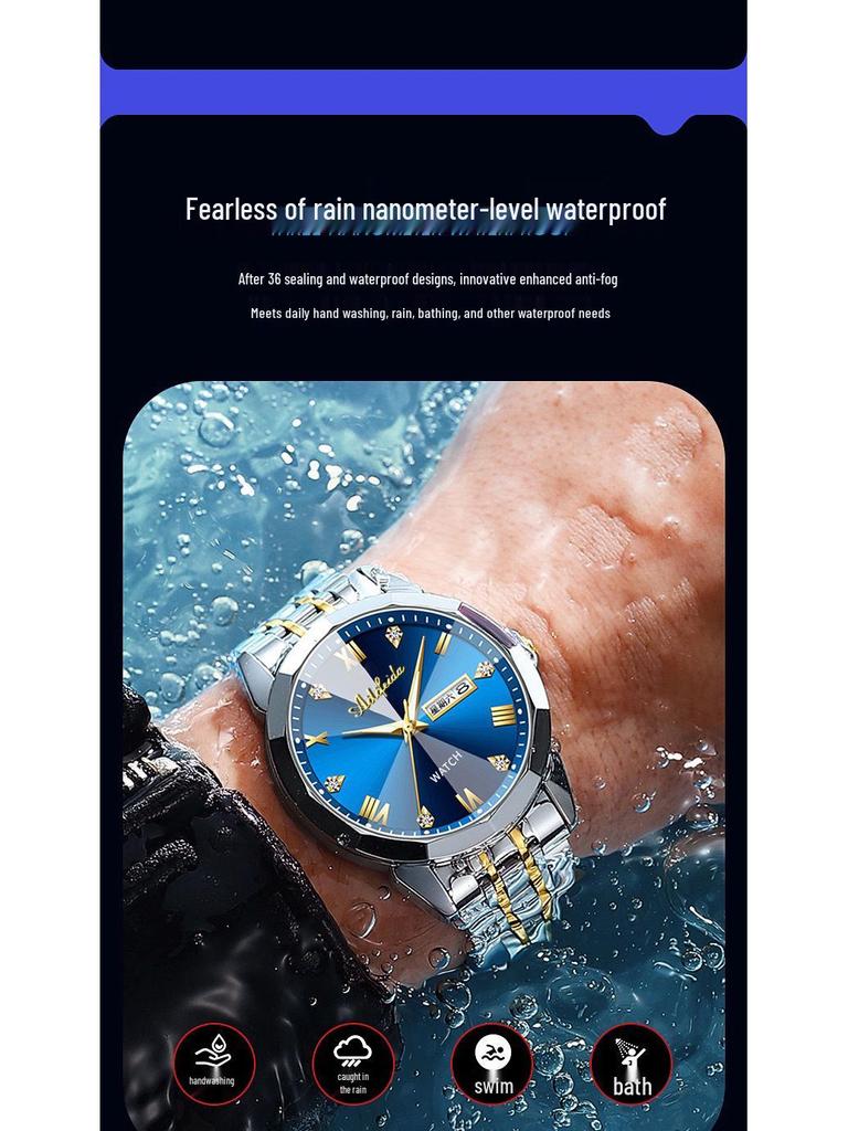 Aili Feida Men's Quartz Watch - Diamond Mirror, Waterproof, Luminous, Calendar, Fashionable