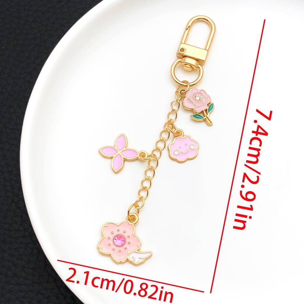 Pink Rose & Cherry Blossom Zinc Alloy Keychain Pendant