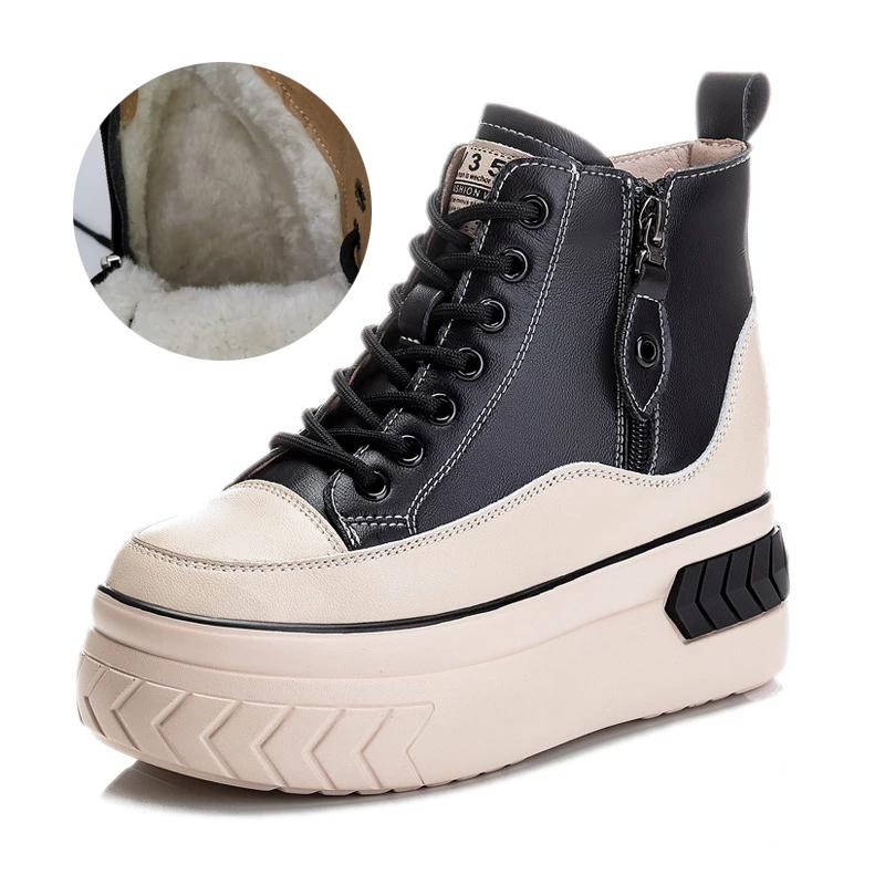 Fashion High Top Women Shoes Genuine leather 8cm Platform Boots Wedge Hidden Heel Zip Spring Autumn Warm Fur Winter Shoes Sneakers