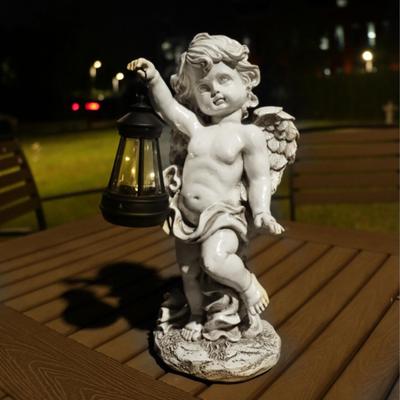 Socha anděla se solární lucernou, dekorace na zahradu, sběratelské pryskyřičné figurky cherubína na terasu