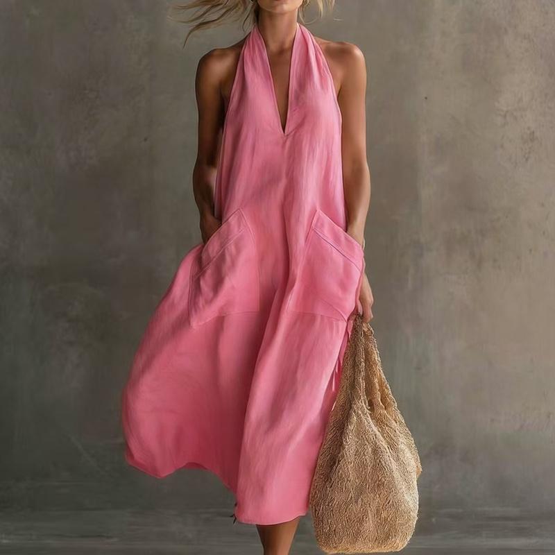 European Style Women Clothing Casual Fashion Vintage Vacation V-Neck Spaghetti Strap Maxi Dress