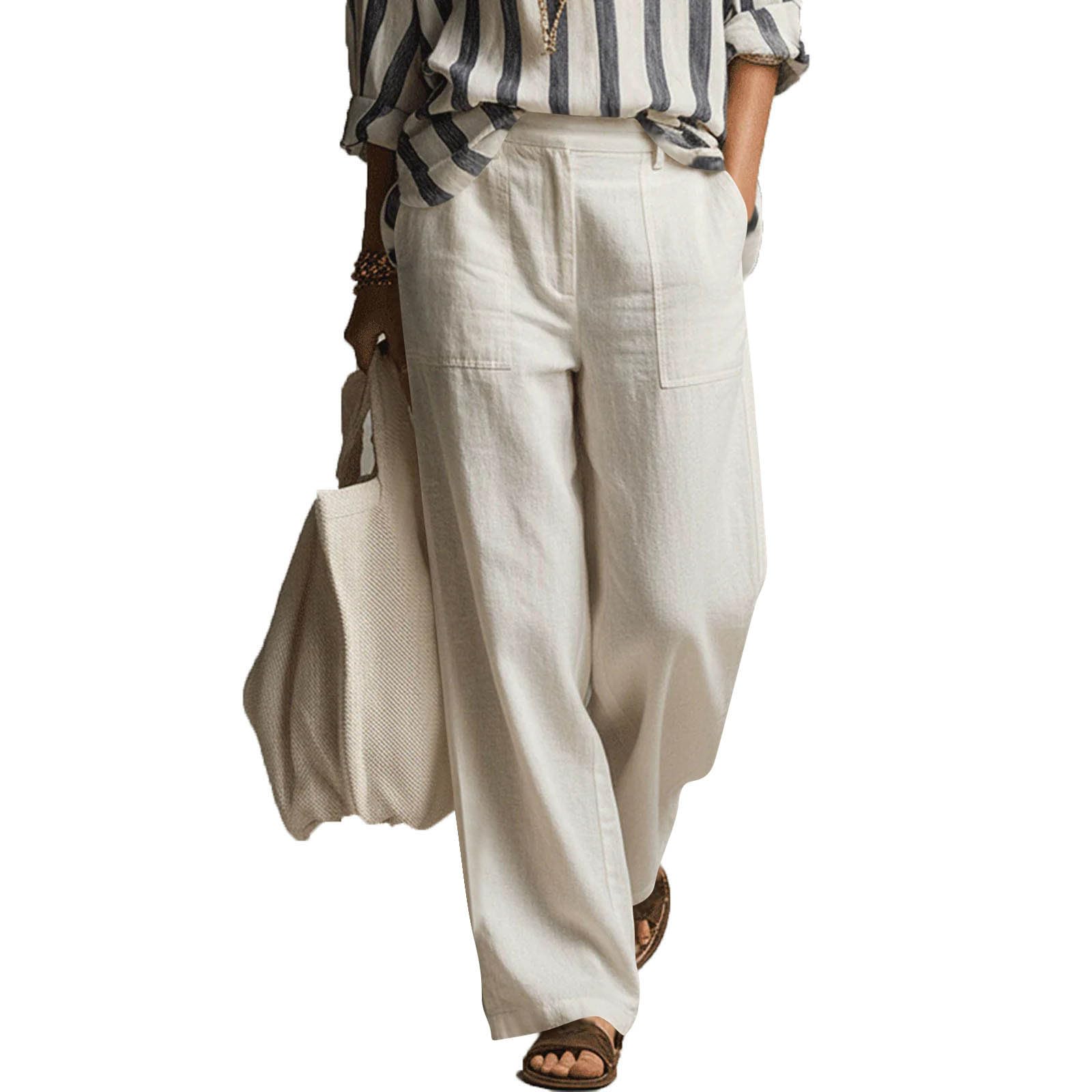 

Women s Fashionable Color Pocket Elastic High Waisted Straight Leg Loose Casual Pants XL