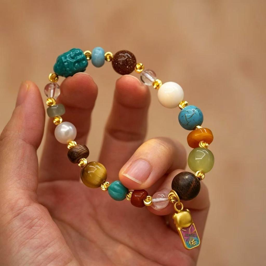 Exquisite National Style Bracelet: Imitation Turquoise, Tiger Eye, Crystal, Agarwood Beads