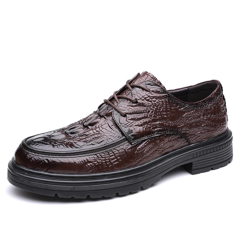 Men's Formal Casual Leather Shoes - Embossed Crocodile Pattern, Genuine Cowhide, Low-Top for Spring Workplace.