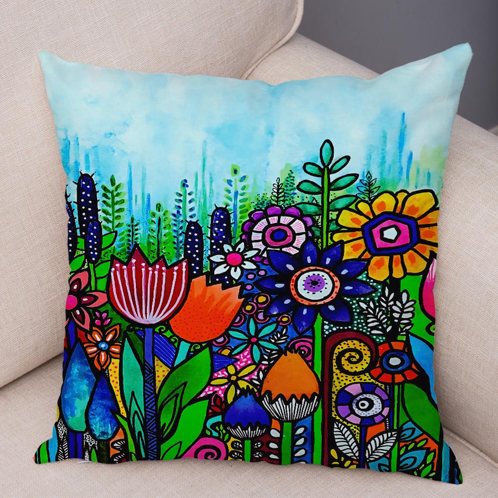 Children Oil Painting Art Cushion Cover Both Sides Plush Pillow Case Decor Cartoon Plant Throw Pillowcase for Sofa Home Car