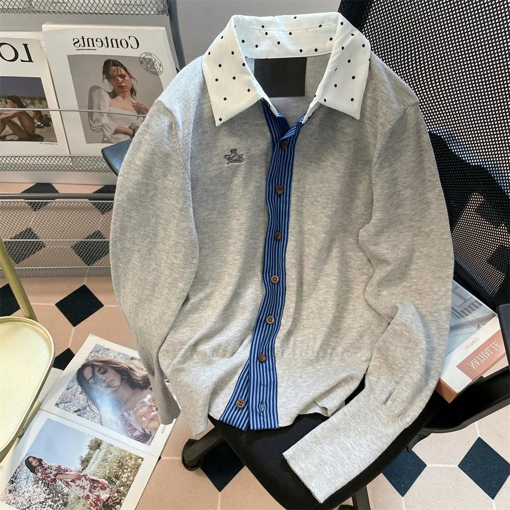 

Женский кардиган в горошек пэчворк, тонкий кардиган с лацканами, контрастный вязаный свитер, повседневный женский топ свободного кроя с длинными рукавами, в трендовом японском стиле one size серый