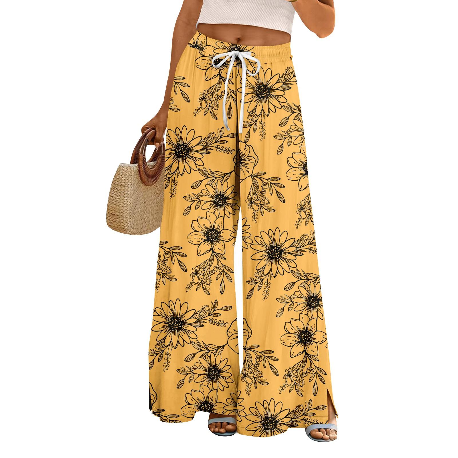 

Жіночі літні штани Boho Palazzo з високою талією Широкі повсякденні штани з квітковим принтом і кишенями L шафрановий
