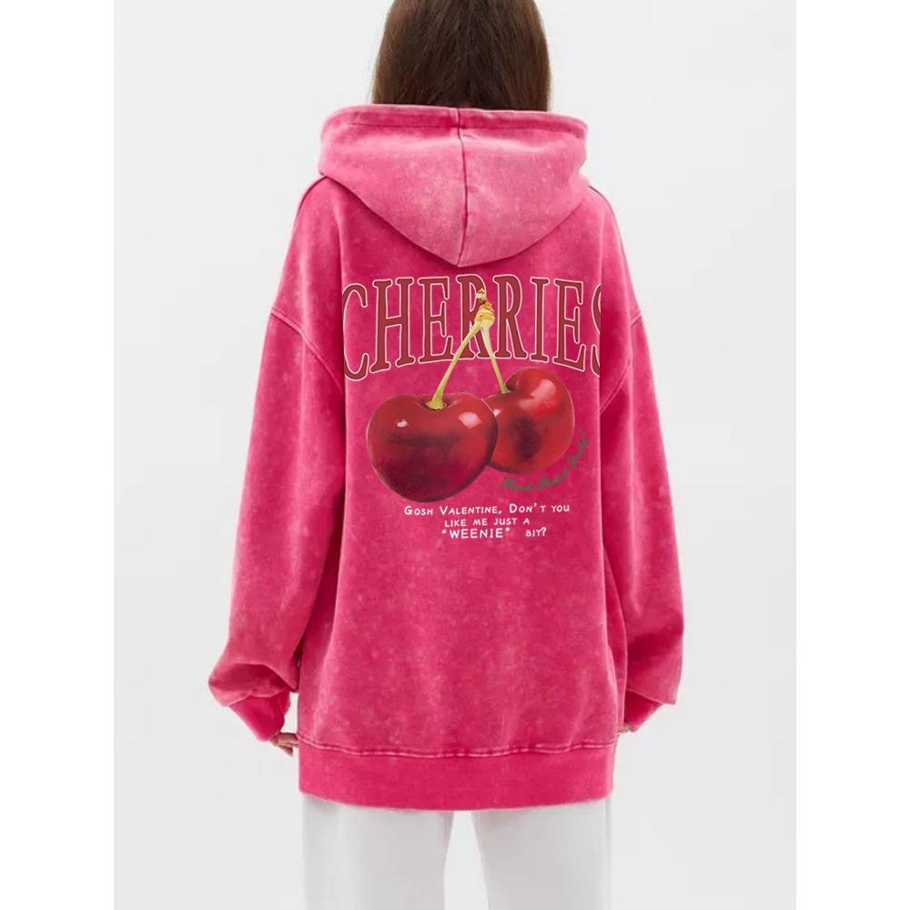 Trend Women Acid Wash Hoodies Fresh Red Cherries Prints Sweatshirts Oversize Pocket Cotton Pullovers Street Female