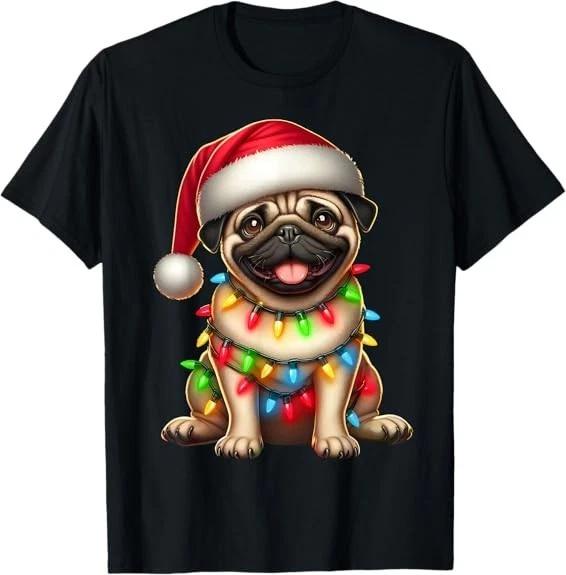 Pug Dog Christmas Tree Lights Santa Xmas Pajama Dog T-Shirt S-3XL S