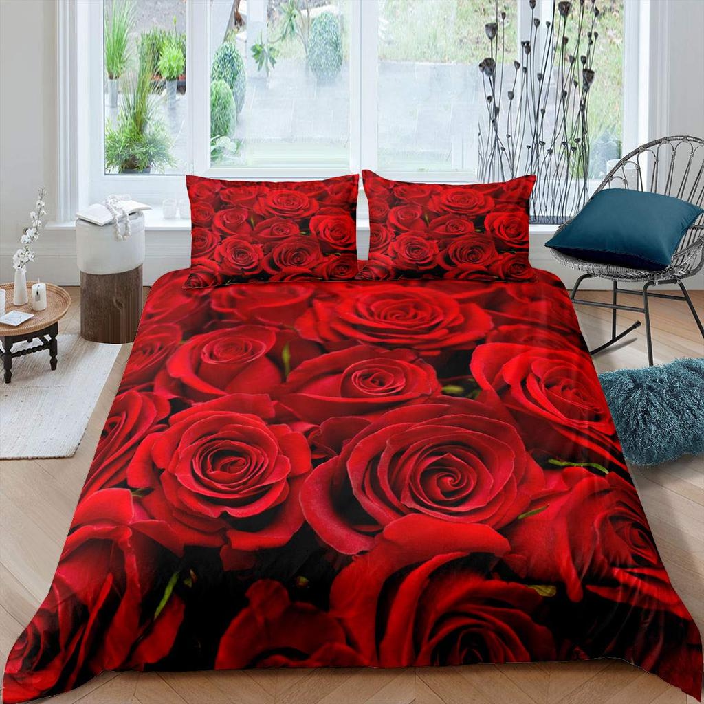 Ensemble Housse de Couette Rose Rouge Ensemble de Literie Imprimé Fleur de Rose Style Romantique Frais Taille King Housse de Couette avec Taies d'Oreiller pour Amoureux