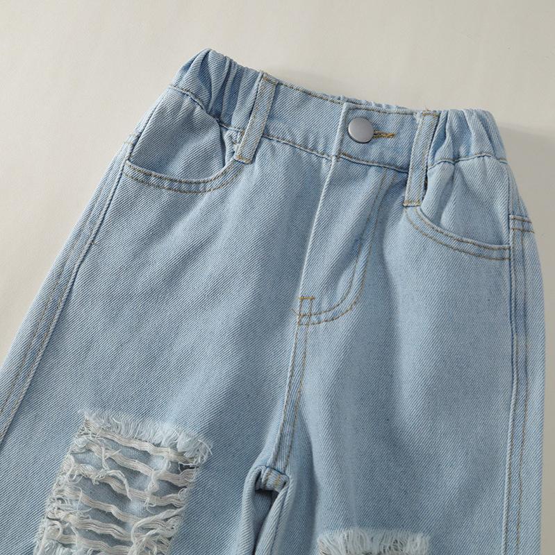 Baby Autumn Jeans 2025 New Children's Korean Version Fashionable Washed Ripped Wide-leg Trousers