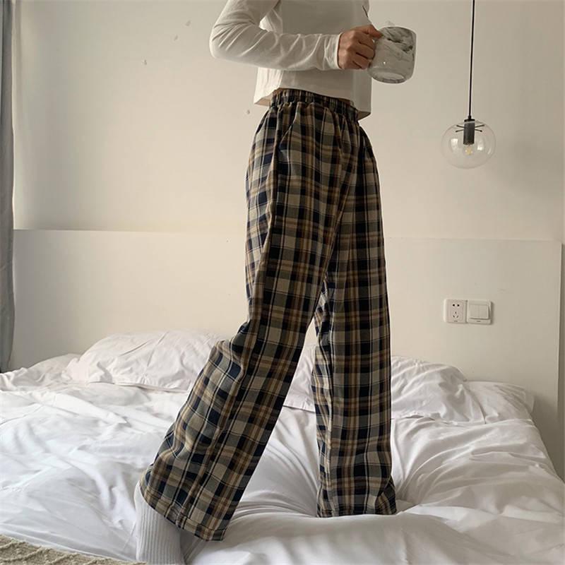 Spring Summer Latest Korean Loose Students High Waist Thin Plaid Pants Wide Leg Pants Casual Straight Pants Streetwear