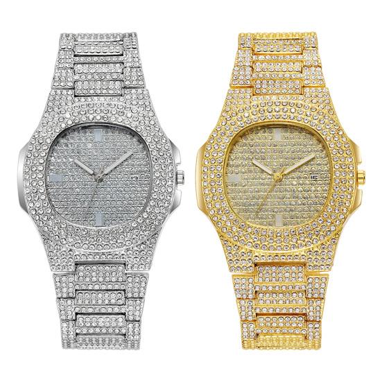 Quarzuhr mit voll besetztem Diamantlünetten- und Zifferblatt-Design, hochpräzise, funkelnd, trendiger Hip-Hop-Stil, für den täglichen Gebrauch und Partys
