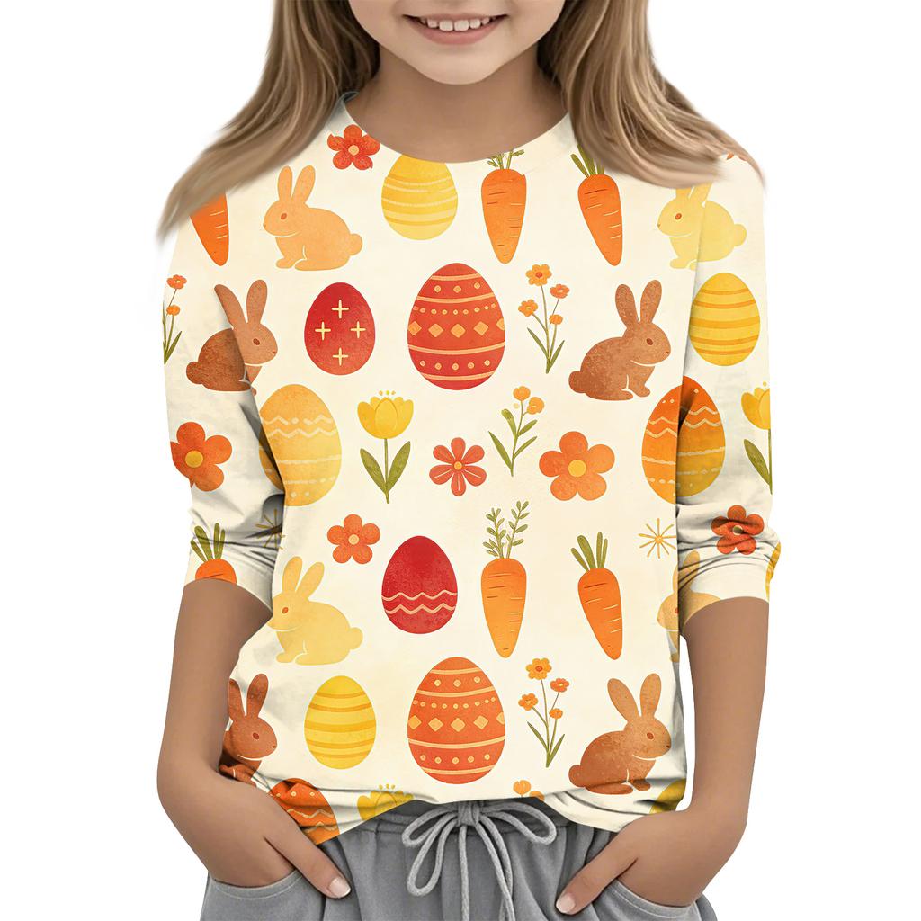 Haut décontracté pour enfants à manches sept-quarts, imprimé Pâques, col rond, imprimé