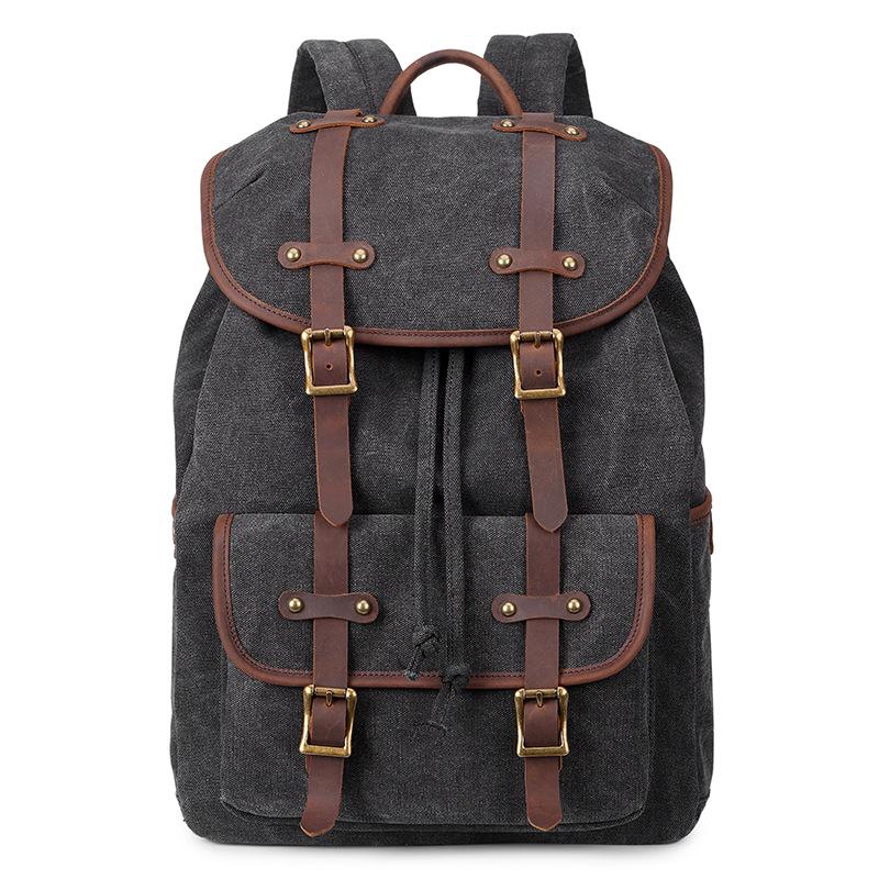 Fashion Canvas Backpack, Oil Wax Outdoor Travel Backpack, Waterproof Mad Horse Leather Neutral Bag черный серый