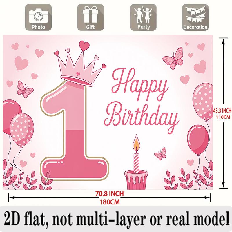 Pink First Birthday Banner, Crown Balloons Backdrop Wall Decor for Party