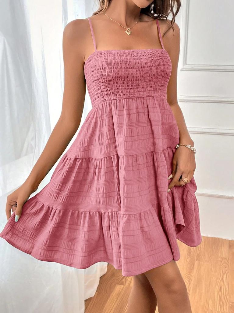 Women's Summer New One-Shoulder Strappy Mini Dress Solid Texture Ruffle Dress