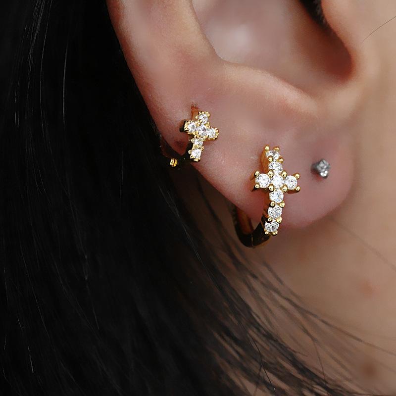 Hoop Silvery Cross Zircon Pendant Earrings for Women Men Punk Hip Hop Piercing Personality Earrings Party Jewelry