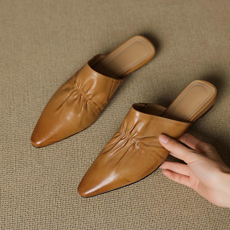 Fashion 2025 Summer Women Shoes Square Toe Low-heel Shoes Slippers Retro Cowhide Leather Shoes for Women Casual Mules for Women Sandals