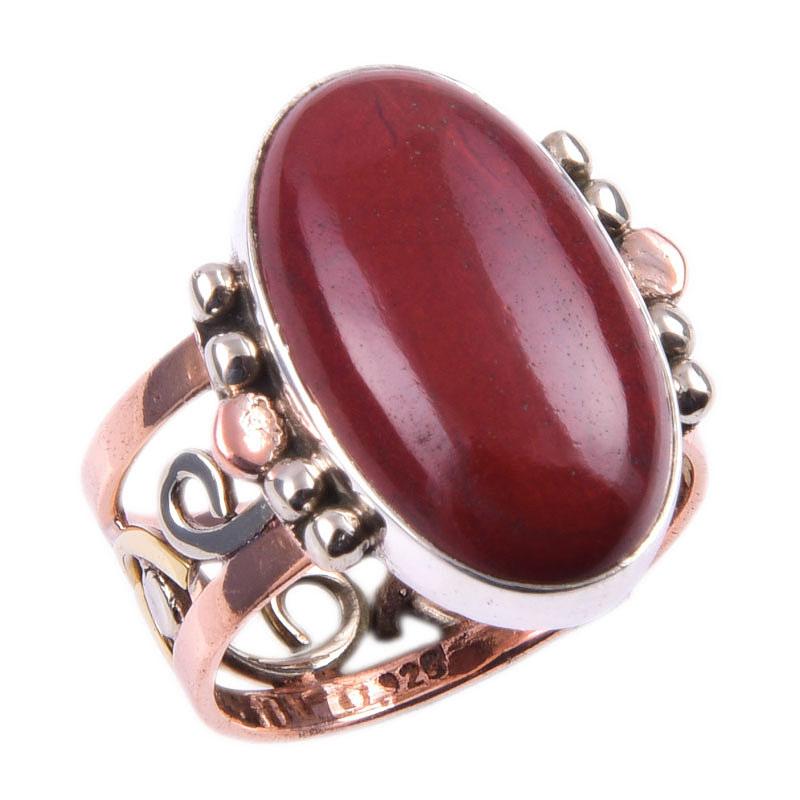 Natürlicher Roter Jaspis Edelstein 925 Sterlingsilber Schmuck Zweifarbiger Ring Gr.6.5 P8S90