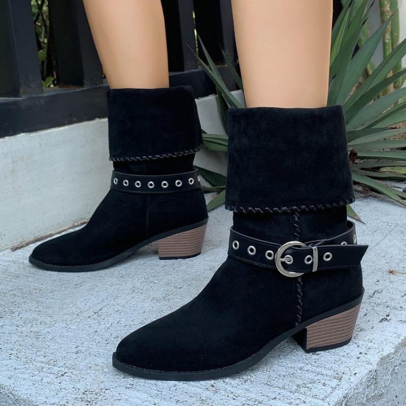 

Large size pointed square heel metal buckle with suede tooling boots autumn and winter new long tube but knee women s boots 35 чёрный