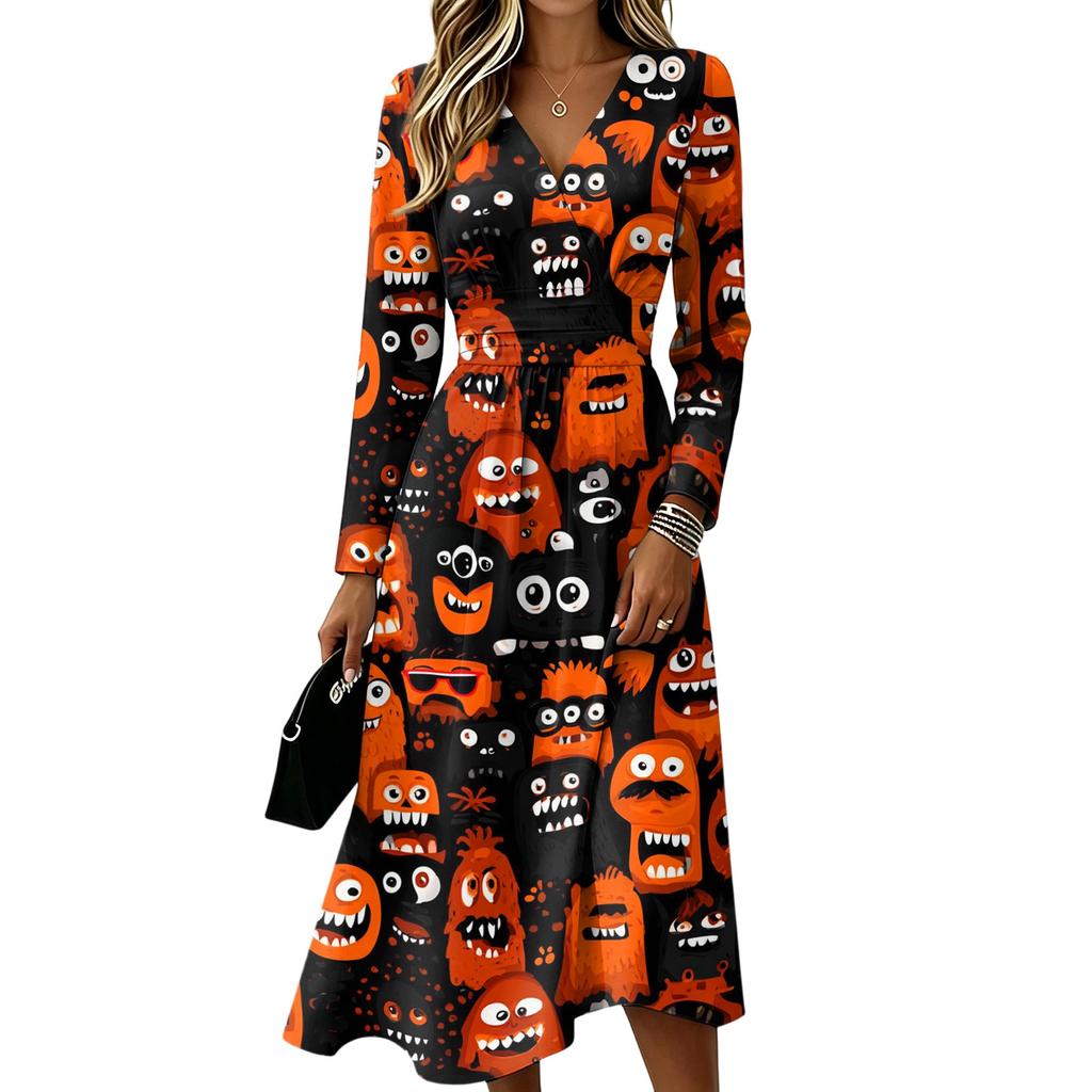 Women's Halloween Print V-Neck Long Sleeve Casual Dress with Pockets