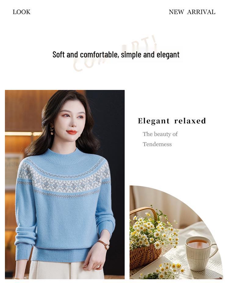 Women's Petite Jacquard Knit Wool Sweater - Autumn/Winter, Half-High Collar, Slimming Base Layer