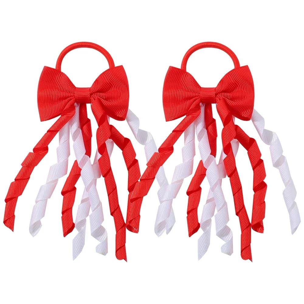RAINBOW BOWS Grosgrain Ribbon Long Hair Ties Bows for Baby Girls Curly Hair Bows Elastic Colorful Kids Hair Band 2Pcs/lot Whole