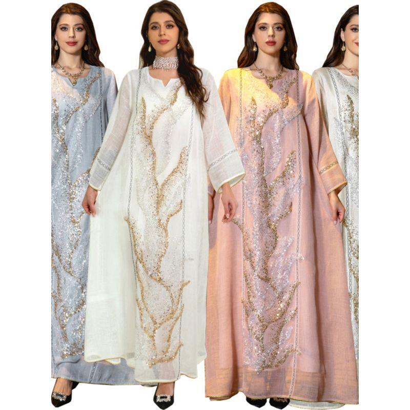 Dubai Arabic Turkish White Mesh Sequin Embroider Gown Dress Saudi Elegant Robe Dress