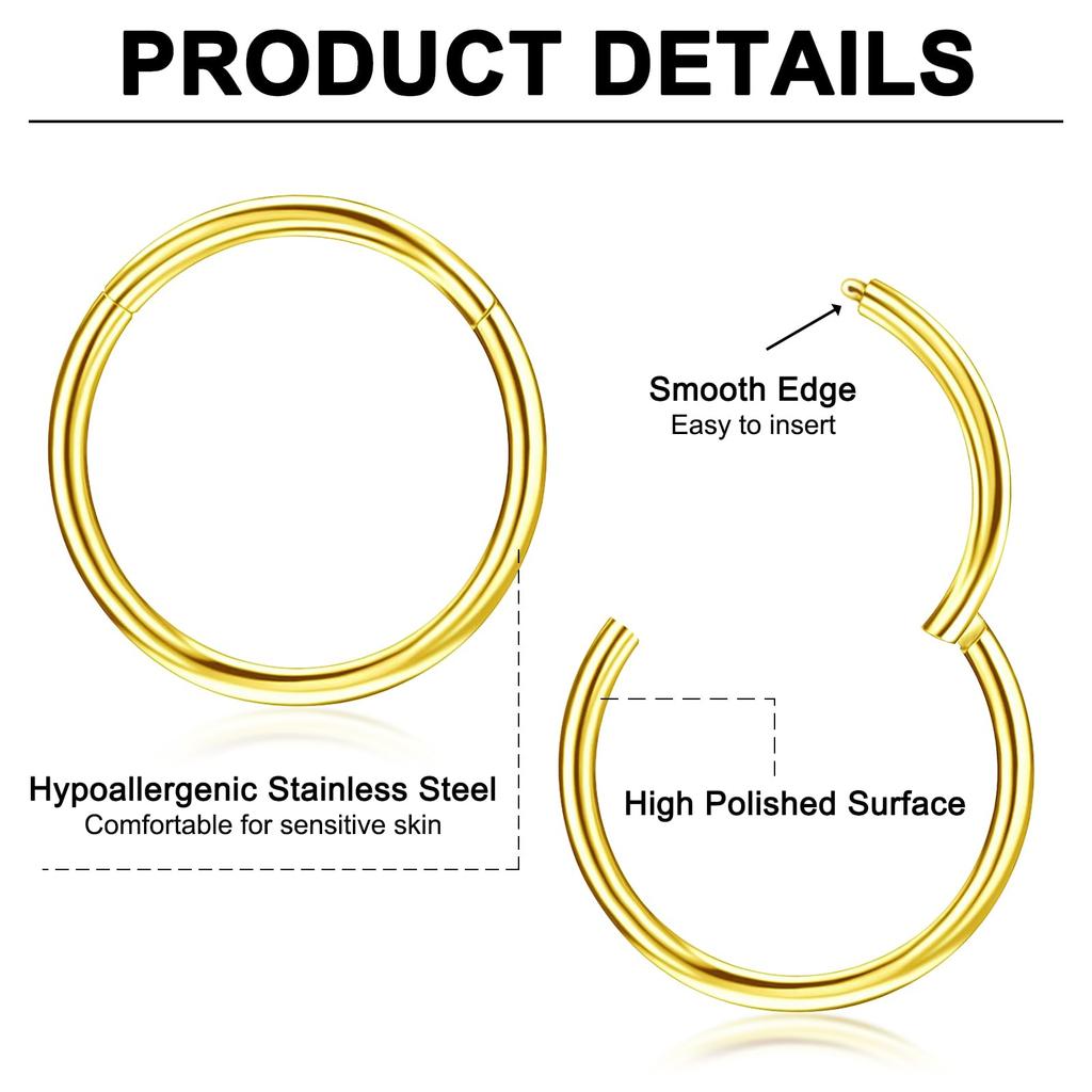 Men Women 316L Surgical Steel Hinged Nose Rings Hoop for Nostril Septum Cartilage Helix Daith Tragus Rook Conch Lip Ear Lobe
