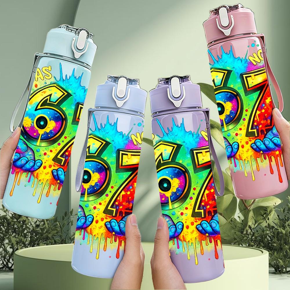 1PC Rainbow Number 67 Graffiti Print 750ml Color Plastic Sports Water Bottle Leakproof Flip Straw Lid Suitable for Sports Office Home Use