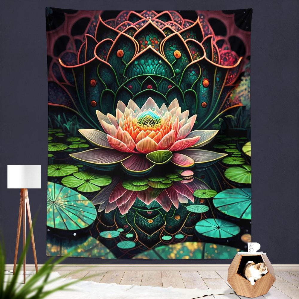 Painted Lotus Tapestry, Bedroom Wall Covering, Living Room and Study Decoration Cloth, Wall Tapestry, Background Cloth
