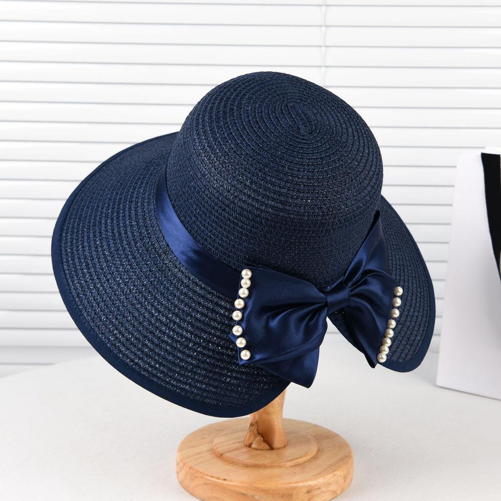 Summer bow visor female split ponytail straw hat Korean version pearl big eaves sun protection sun bucket hat