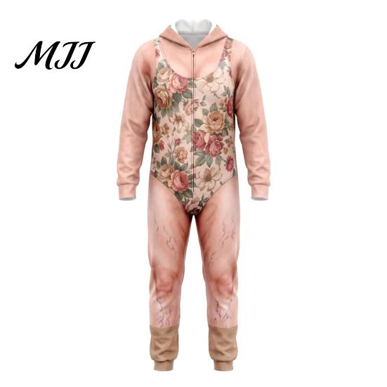 Relaxed Fit Rompers Funny 3D Dad Bod Onesie for Men, Ugly Halloween One-Piece Romper Soft Loungewear Men with Hood, Zip Up Long Sleeve Jumpsuit,