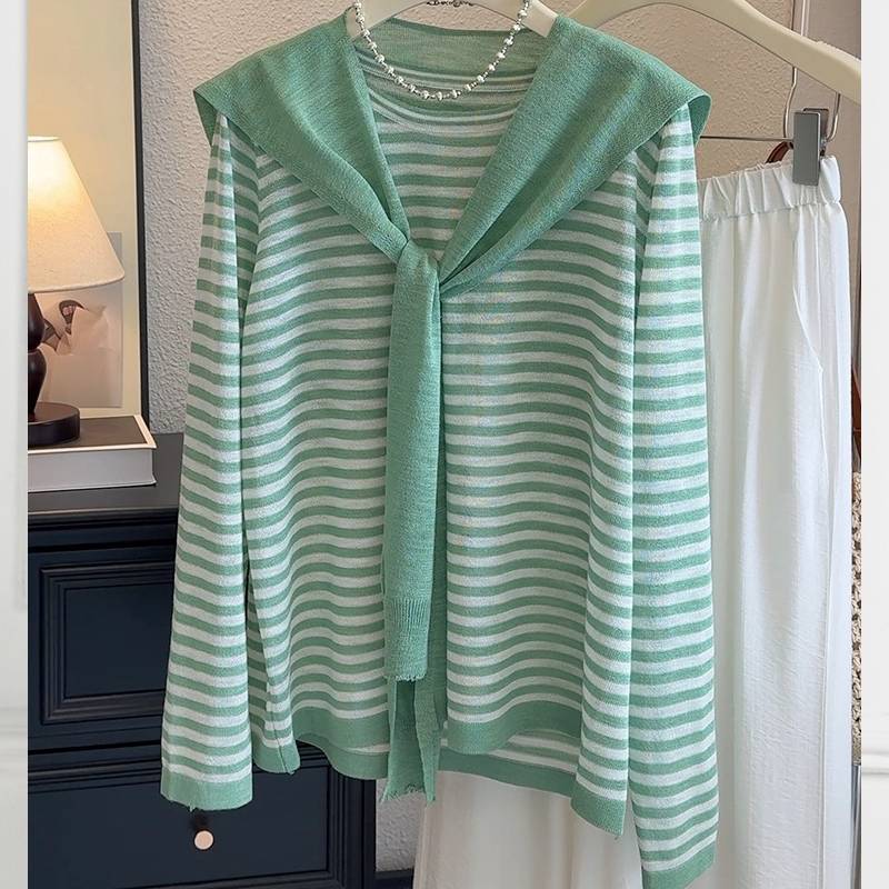 Summer Knit Top With Stripes For Casual Wear In Polyester Fabric For Women