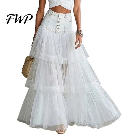 Long Skirt Women Skirt, High Waist Mesh Splicing Soft Breathable Patchwork Hip Covering Maxi Versatile for Party Beach Wedding Night Out Comfortable