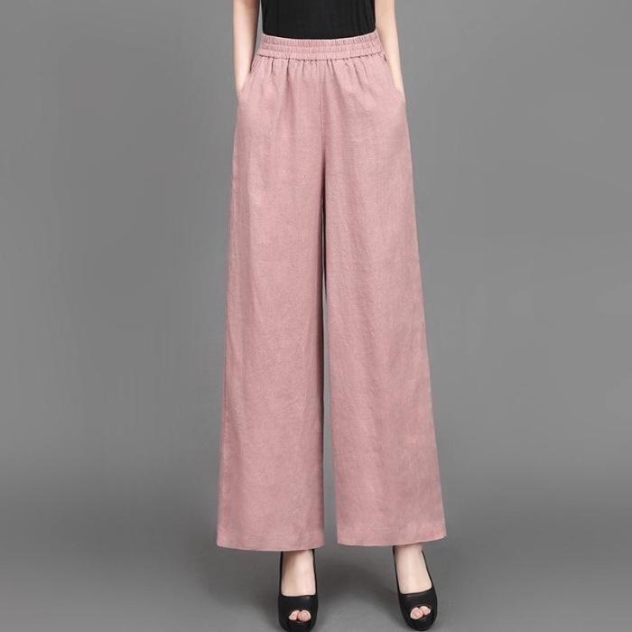 Women's 2025 Summer Cotton Linen Wide-Leg Pants - Simple, Casual, Thin, Loose, Elastic High Waist