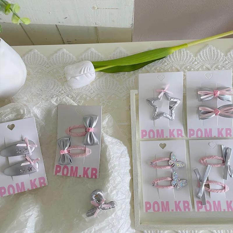 Spring New Korean  Pink Silver Bow Hairpin Children's Sweet Side Broken Hair Break Clip Baby Side Clip Girl