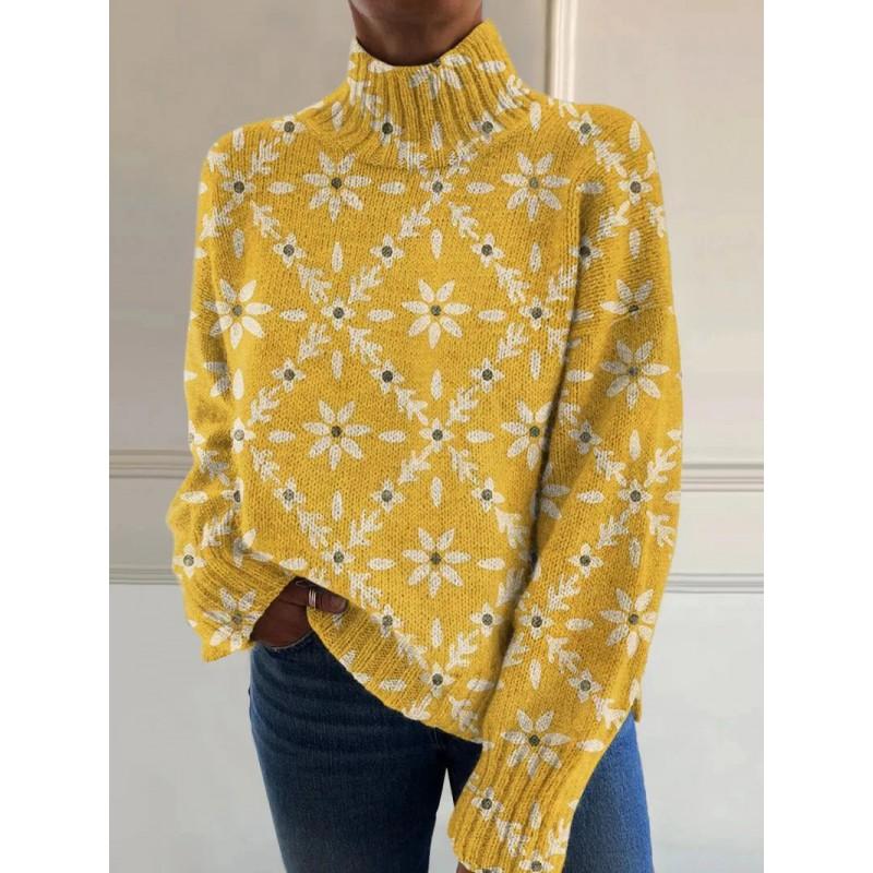 Womens Christmas Print High Neck Sweater Loose Fit Casual Long Sleeve Top