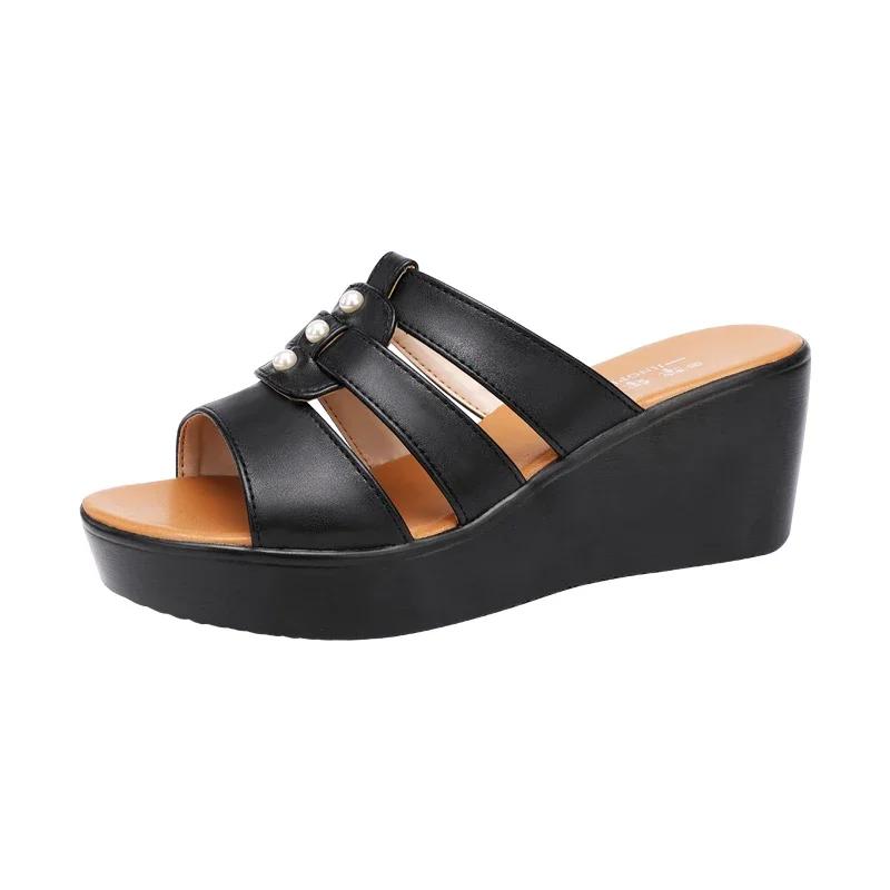 6cm Small Big Size 32-43 All Match Comfortable Thick Platform Wedges Slippers 2025 Med Heels Slides Leather Shoes Office Beach