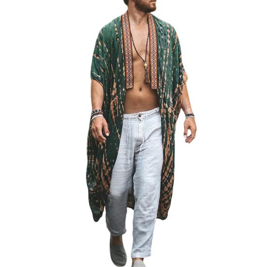 

Мужское пляжное пальто в стиле ретро, ​​куртка средней длины с принтом, защита от солнца, свободная длинная верхняя одежда с открытой передней частью M зелёный