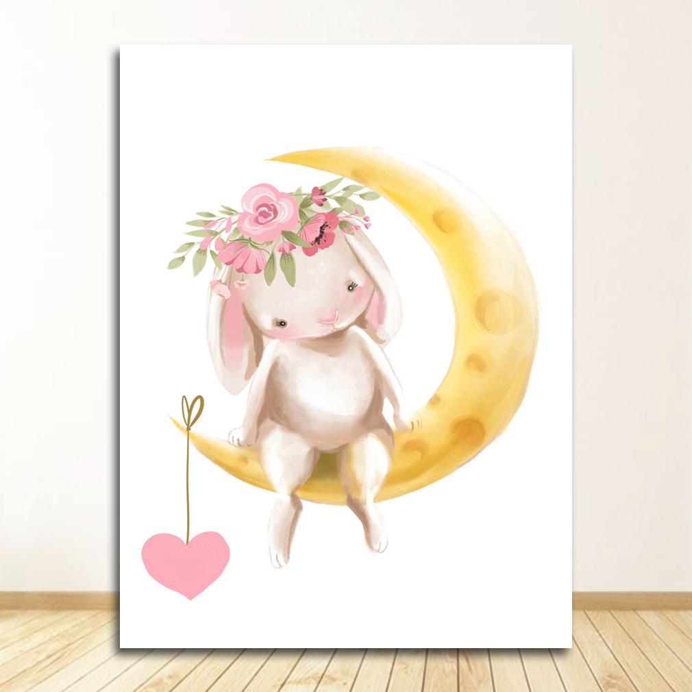 Pink Flowers Girl Baby Room Decor Cartoon Picture Bunny Poster Paintings Animals Nursery Wall Art Print Rabbit Canvas Painting