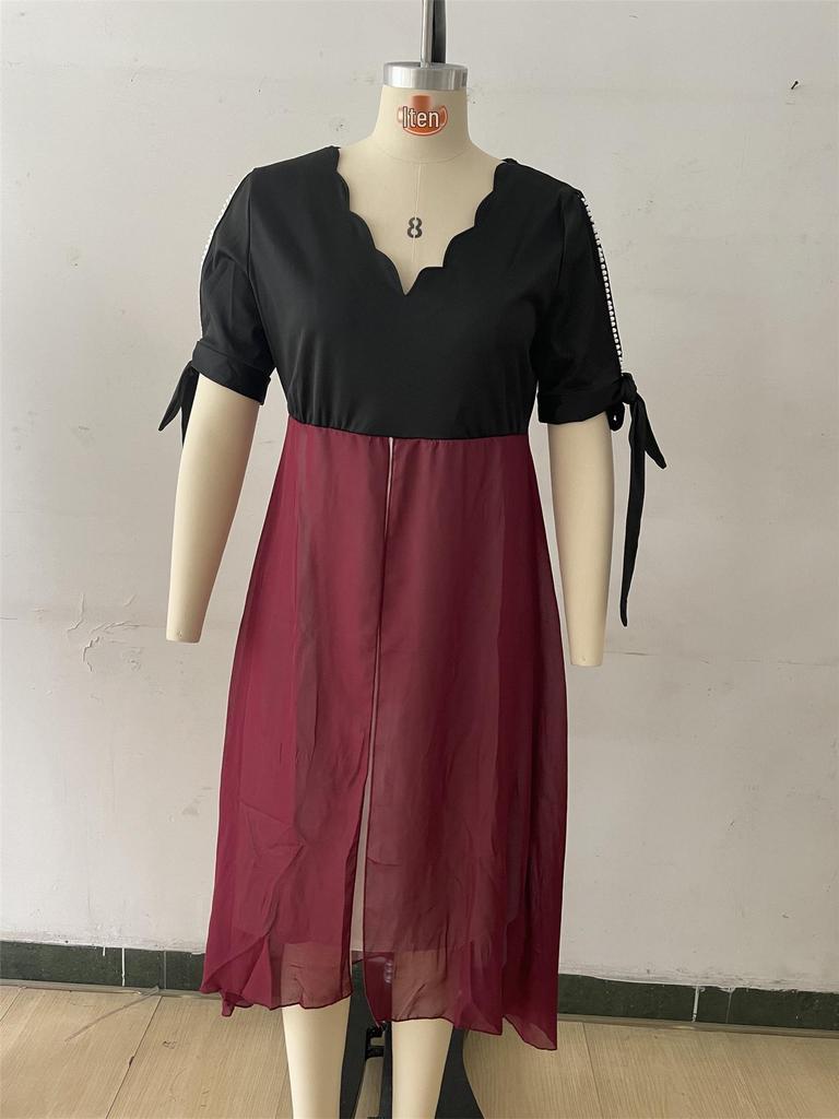 2025 Spring/Summer Women's Plus Size V-Neck Patchwork Short Sleeve Two-Piece Irregular Dress