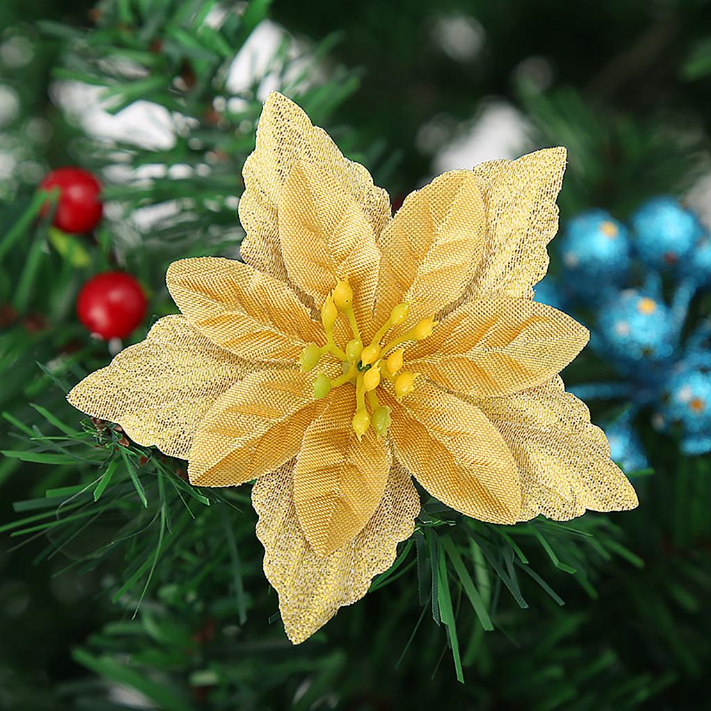6PCS Christmas Glitter Flowers Yellow Flower Christmas Ornaments for Xmas Holiday Wedding Wreath Party Floral