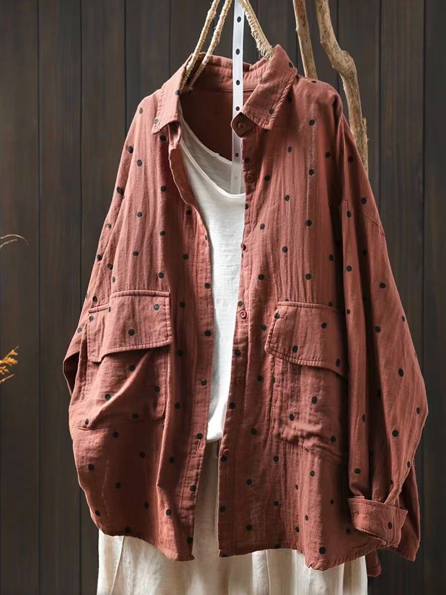 

Johnature Женские рубашки в горошек Топы Блузки с отложным воротником Весенние пуговицы Длинные рукава Карманы Женские рубашки One Size бордовый