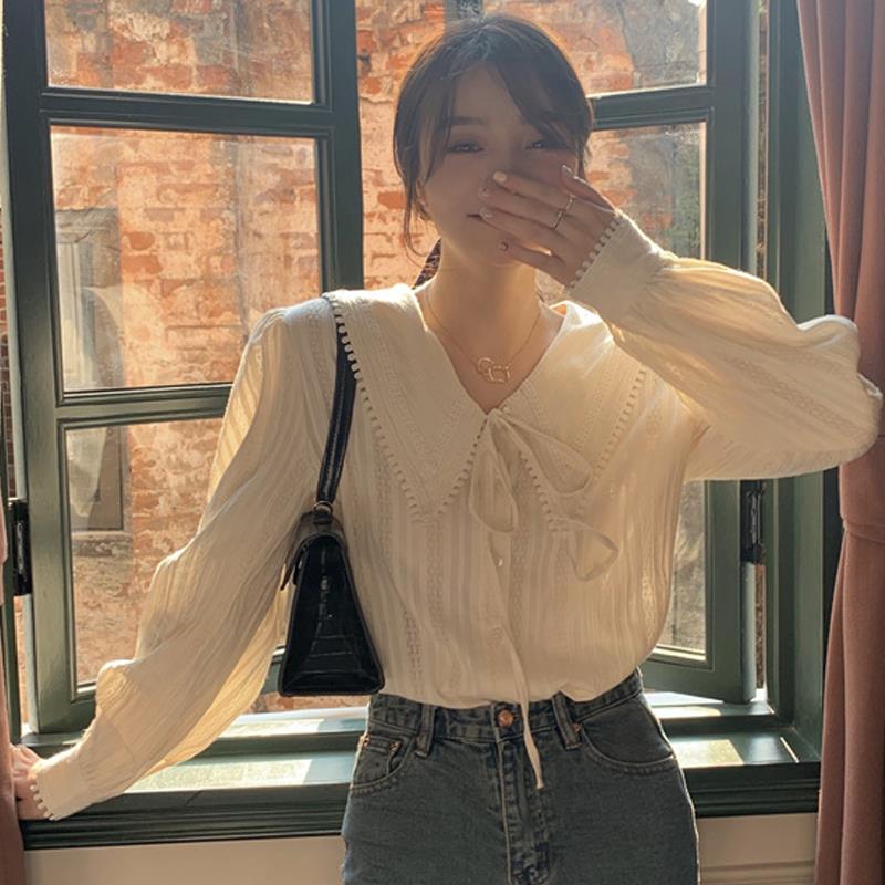 Doll-neck Shirt Women's Long-sleeved Spring and Autumn Design Shirt French Chic Top