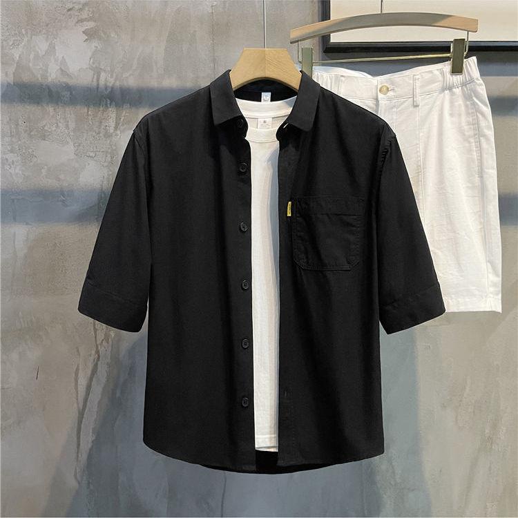 2024 New Summer Simplified Korean Edition Casual Loose Versatile Handsome Polo Collar Solid Color Mid Sleeved Shirt for Men