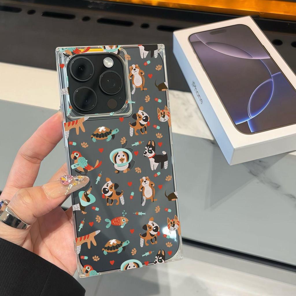 Clear Square Back Tube Case Protection For iPhone 11 16 ProMax 13 12 15 Plus 14 Pro Max Anti-Oxygen,Full of Doggy Pattern Casing